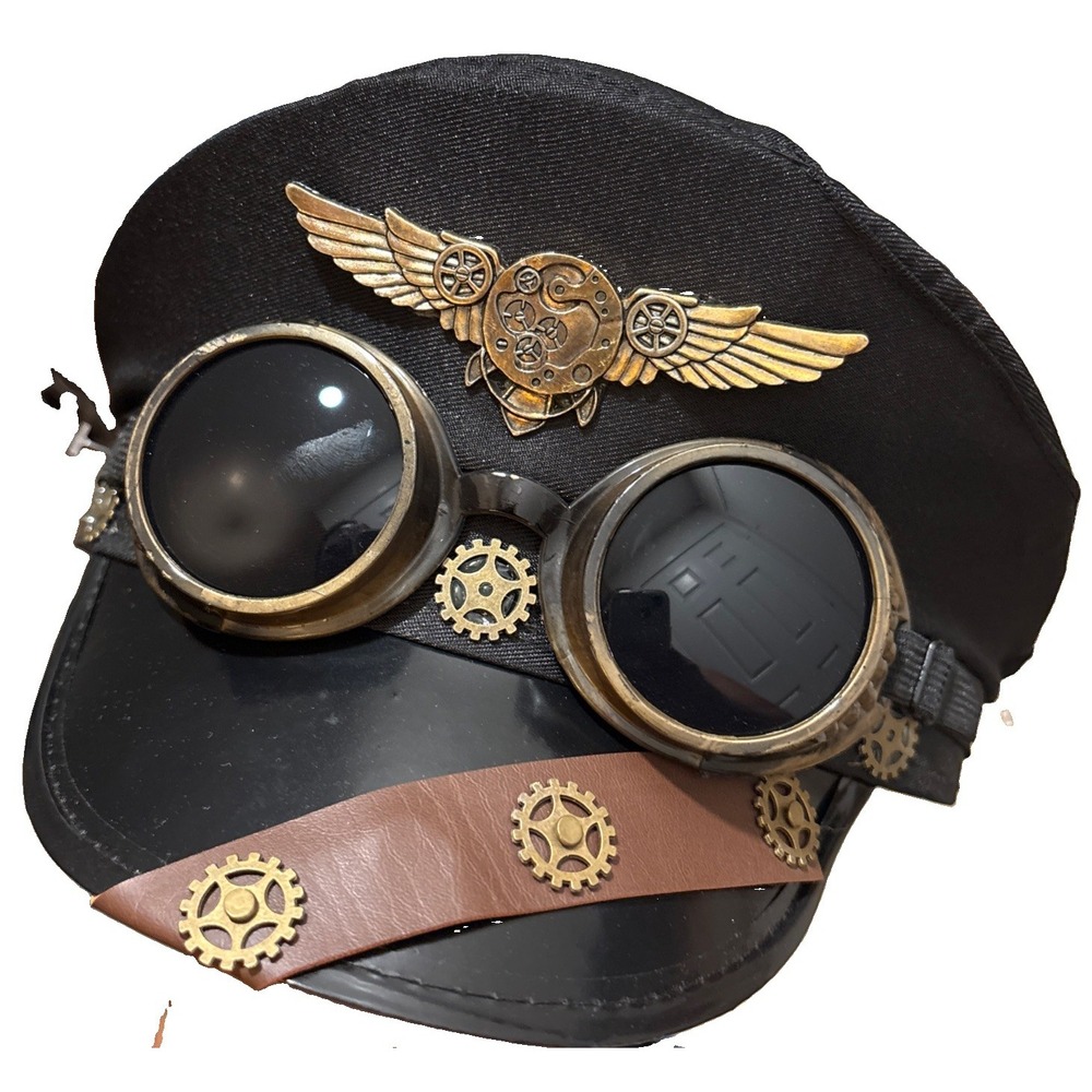 NWT Steampunk Aviator Captain Hat Goggles Black Brass Gears Victorian Cosplay FS